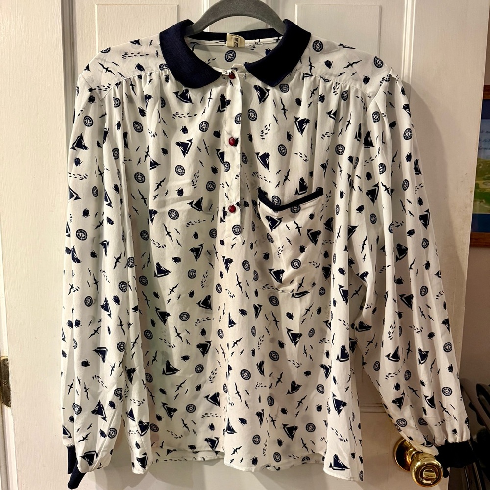 VINTAGE Button-Down Blouse w/ Nautical Pattern - Size L? GUC!